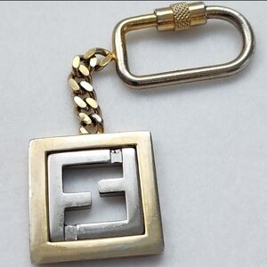 Vintage FENDI FF Metal Gold Silver Logo Keychain Key Fob Charm Italy